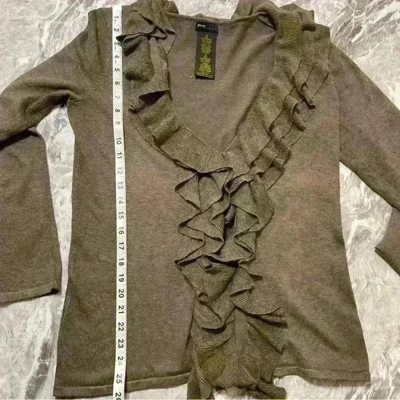 Grace Elements Taupe Brown Cascade Ruffle Front Cardigan Sweater Size Small - Picture 4 of 9